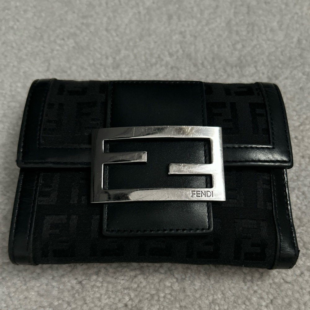 FENDI Y2K Black Zucchino Forever Continental Flap Compact Wallet Purse